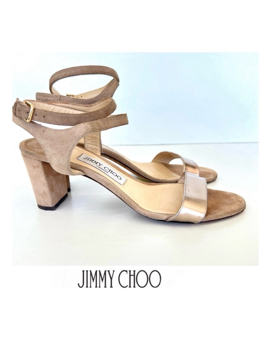 JIMMY CHOO Marine 65 Beige Suede Metallic Leather Strappy Sandals Sz 39.5